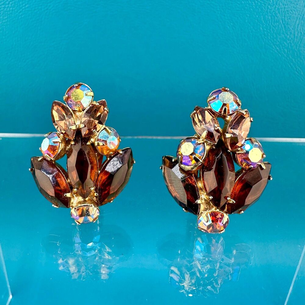 Vintage Rhinestone Earrings Brown Marquise Orange Aurora Borealis Clip On Autumn